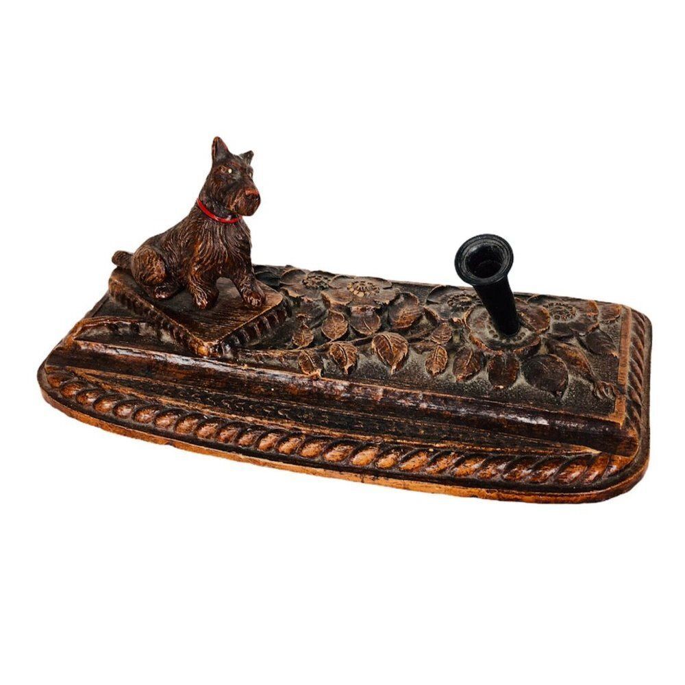 Vintage 20's 30's German Black Forest Wood Schnauzer Carved Desktop Pen Holder